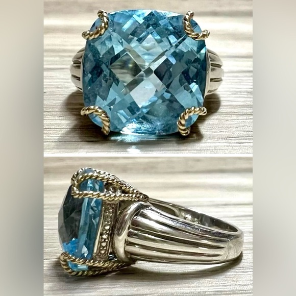 V Jewelry - Vintage Designer Signed V Sterling Silver & 14K Yellow Gold 16mm Blue Topaz Ring
